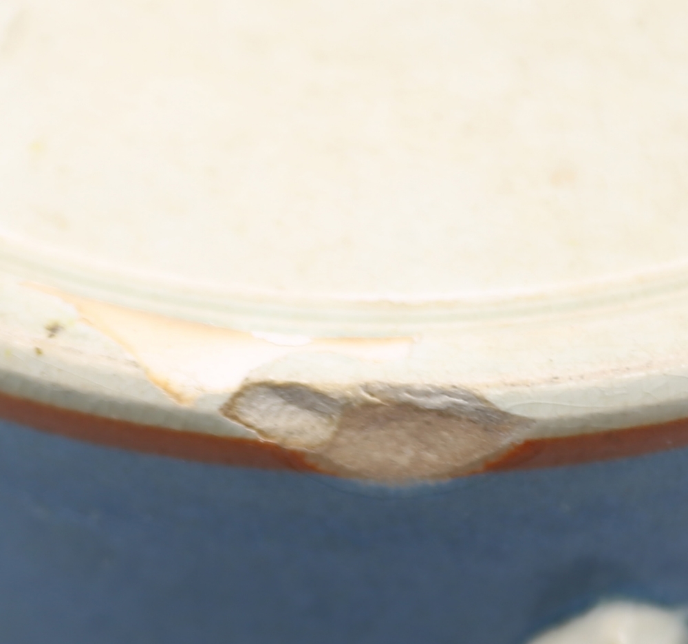 A creamware mug. Quart size with pale blue bands to top and foot rims and narrow orange bands  and - Image 10 of 11