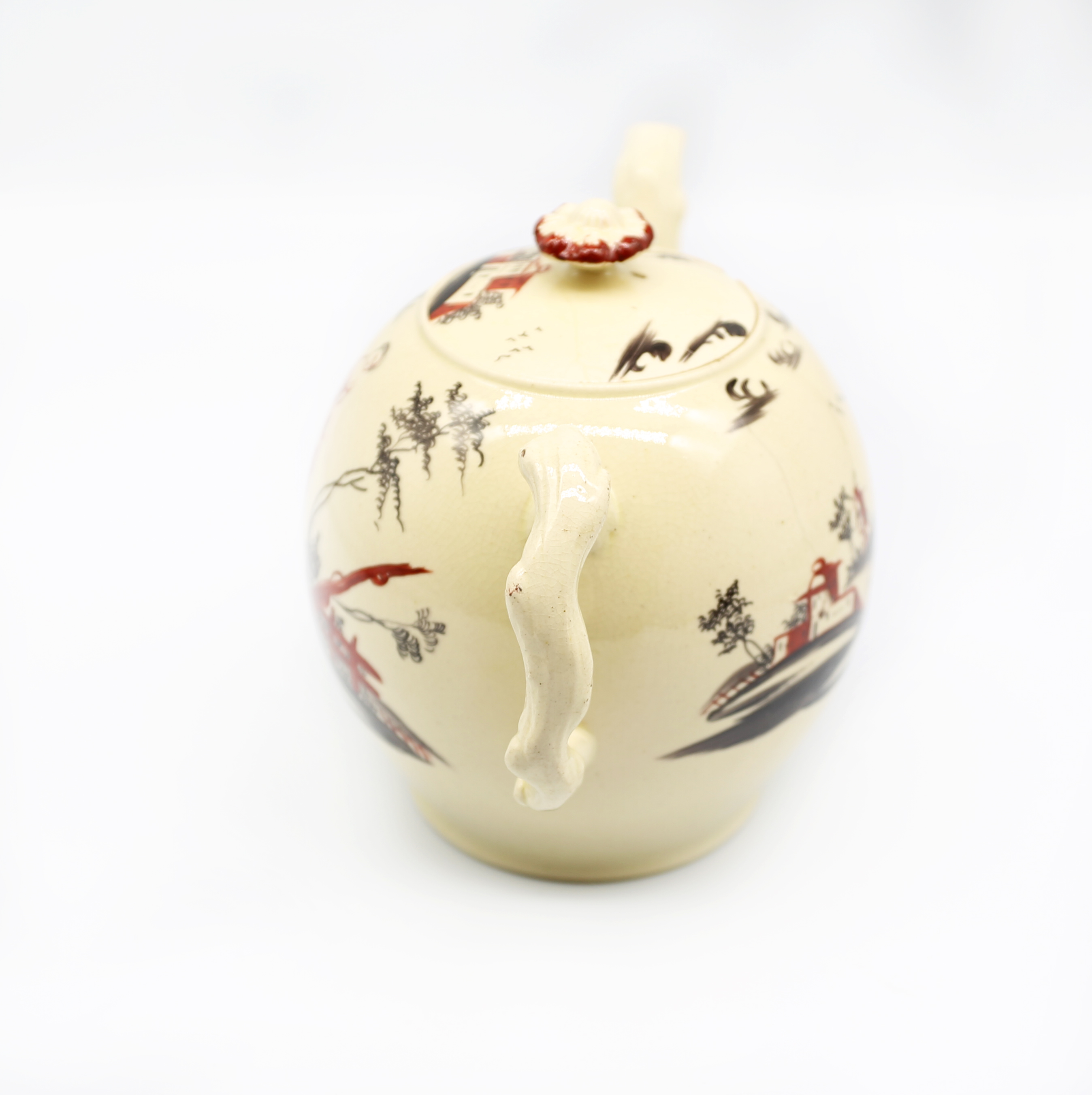 A Leeds creamware globular Teapot and cover, painted with a lady within a landscape, with a crab - Image 2 of 14