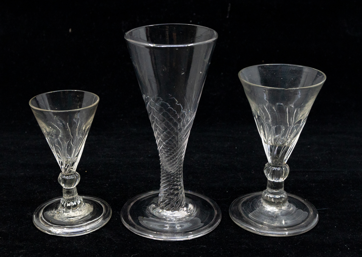 Three late 18th Century cordial glasses, twist stems, funnel bowls on round bases. - Image 2 of 5