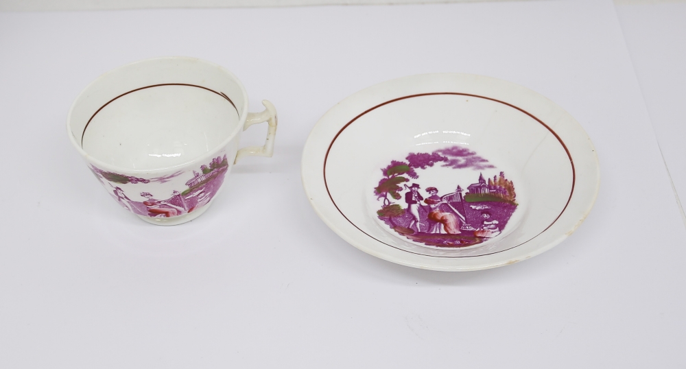 A small collection of 19th century pink lustre tea cups and saucers, teapot, milk jug and slop bowl. - Bild 2 aus 11
