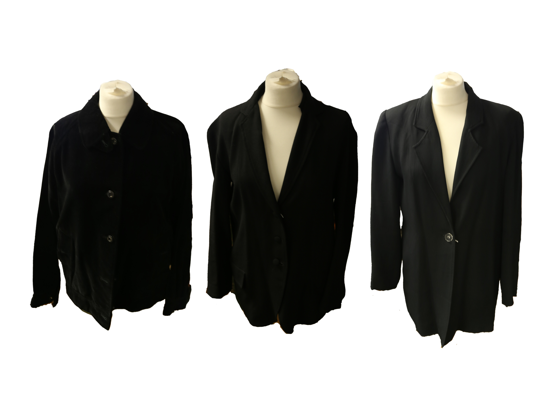 A black all wool Jean Muir studio jacket, 3/4 length, revers neckline, 2 flap pockets, slit sides, 3