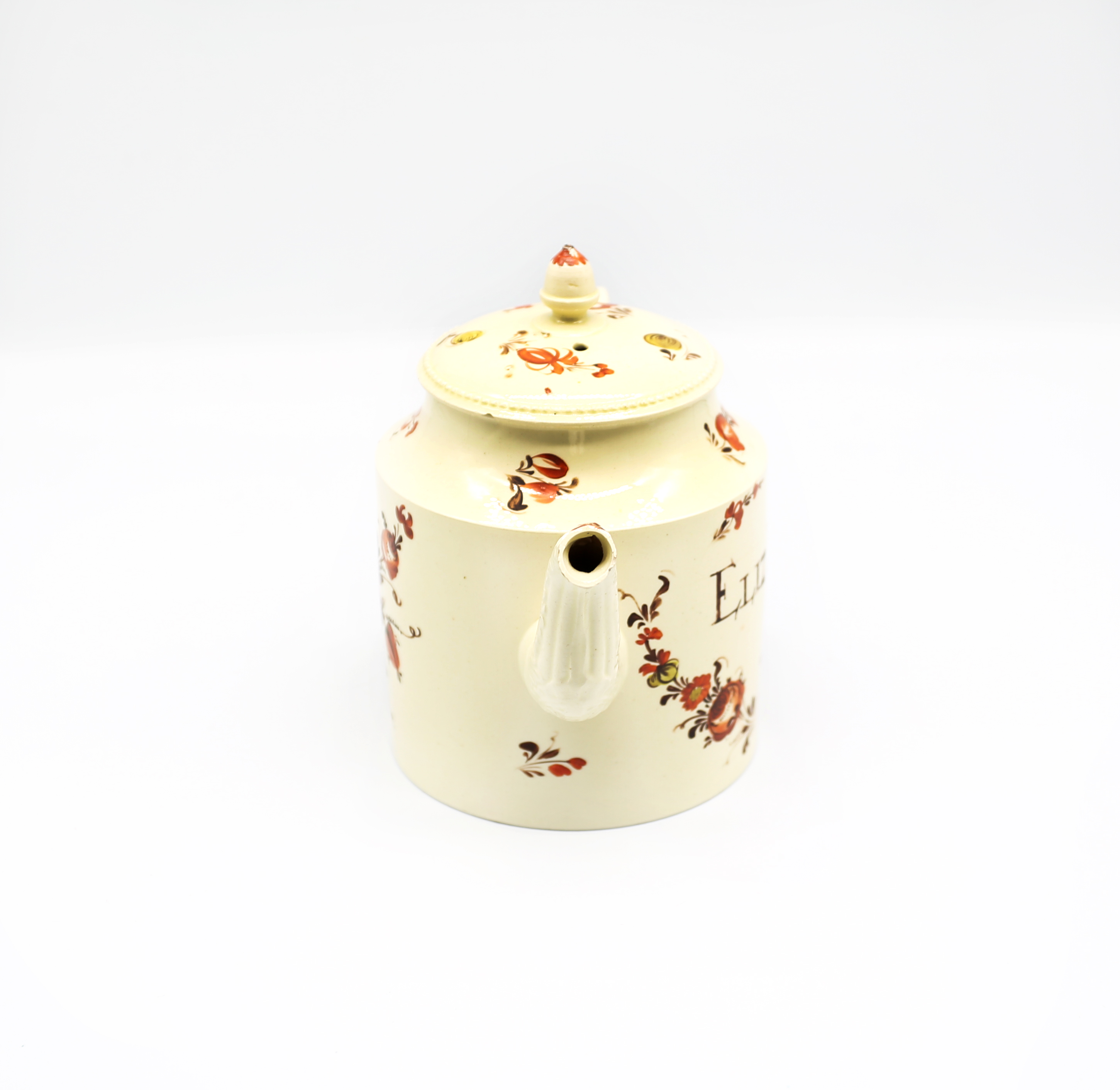 A Staffordshire Creamware William Greatbatch cylindrical teapot and cover, with an ear shaped handle - Image 4 of 15