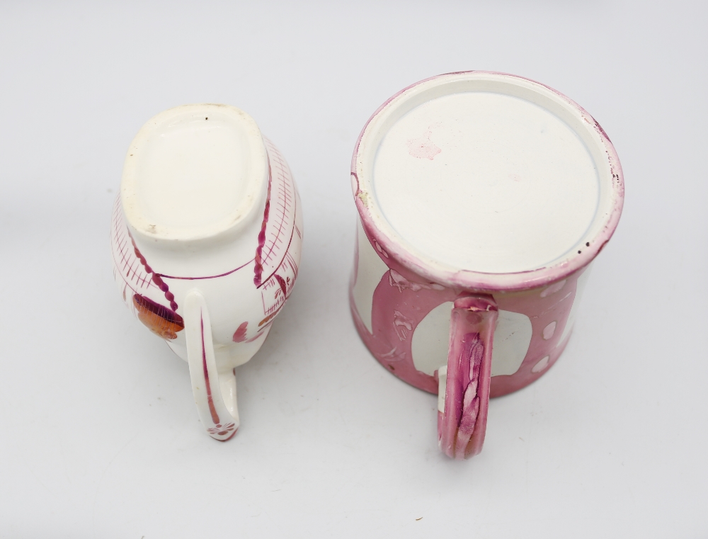 A small collection of pink lustre creamware, including, a twin handled pot, a mug, two jugs and a - Image 11 of 16