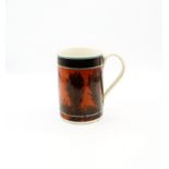 A creamware Mocha mug, dark terracotta ground with black feathered trees and a black and three