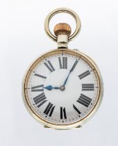 A Goliath open faced pocket watch, comprising a white enamel dial with numeral indices, blue steel