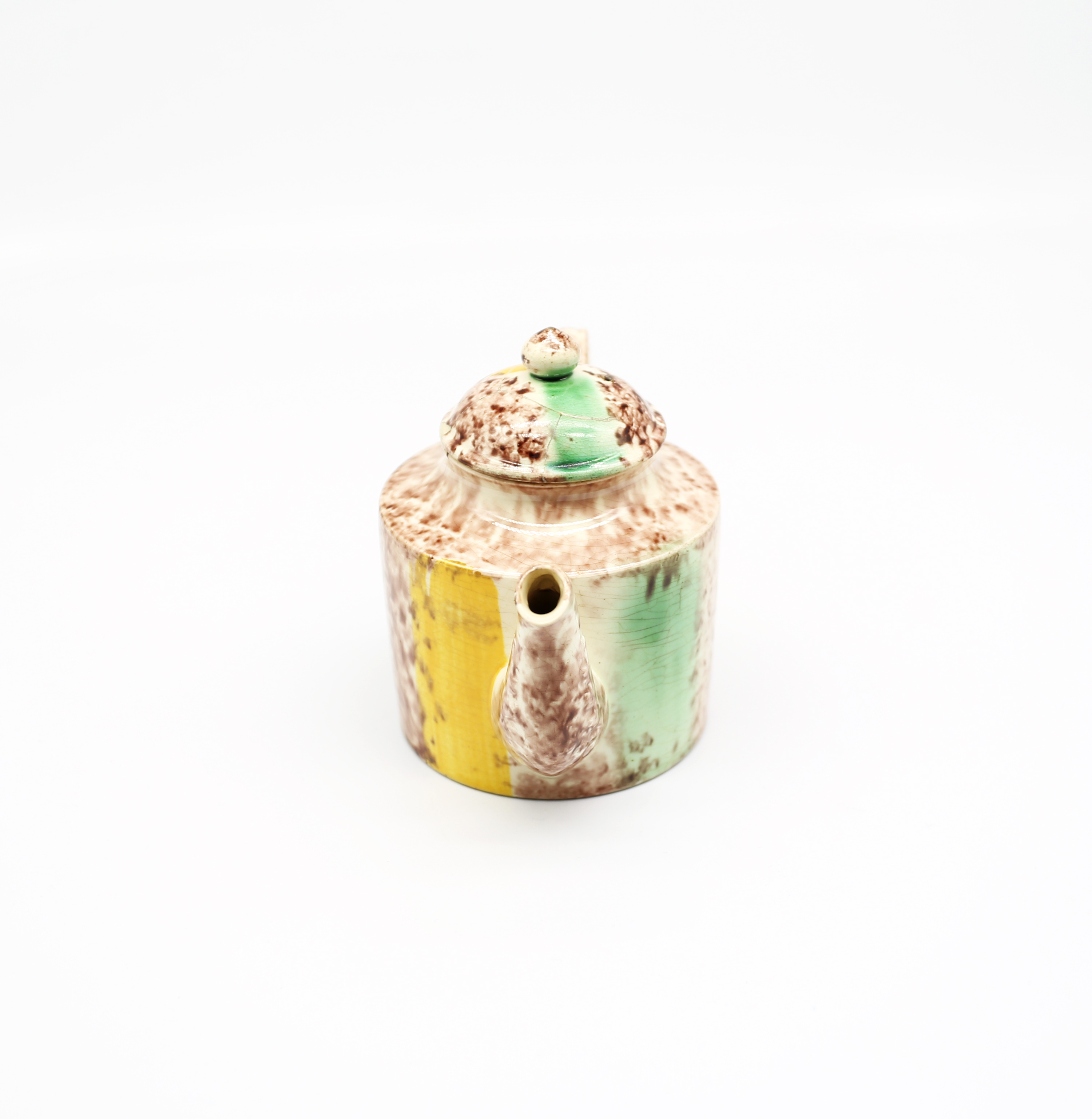A small cylindrical Whieldon style teapot and cover, sponge decorated in brown, yellow and green - Image 4 of 17