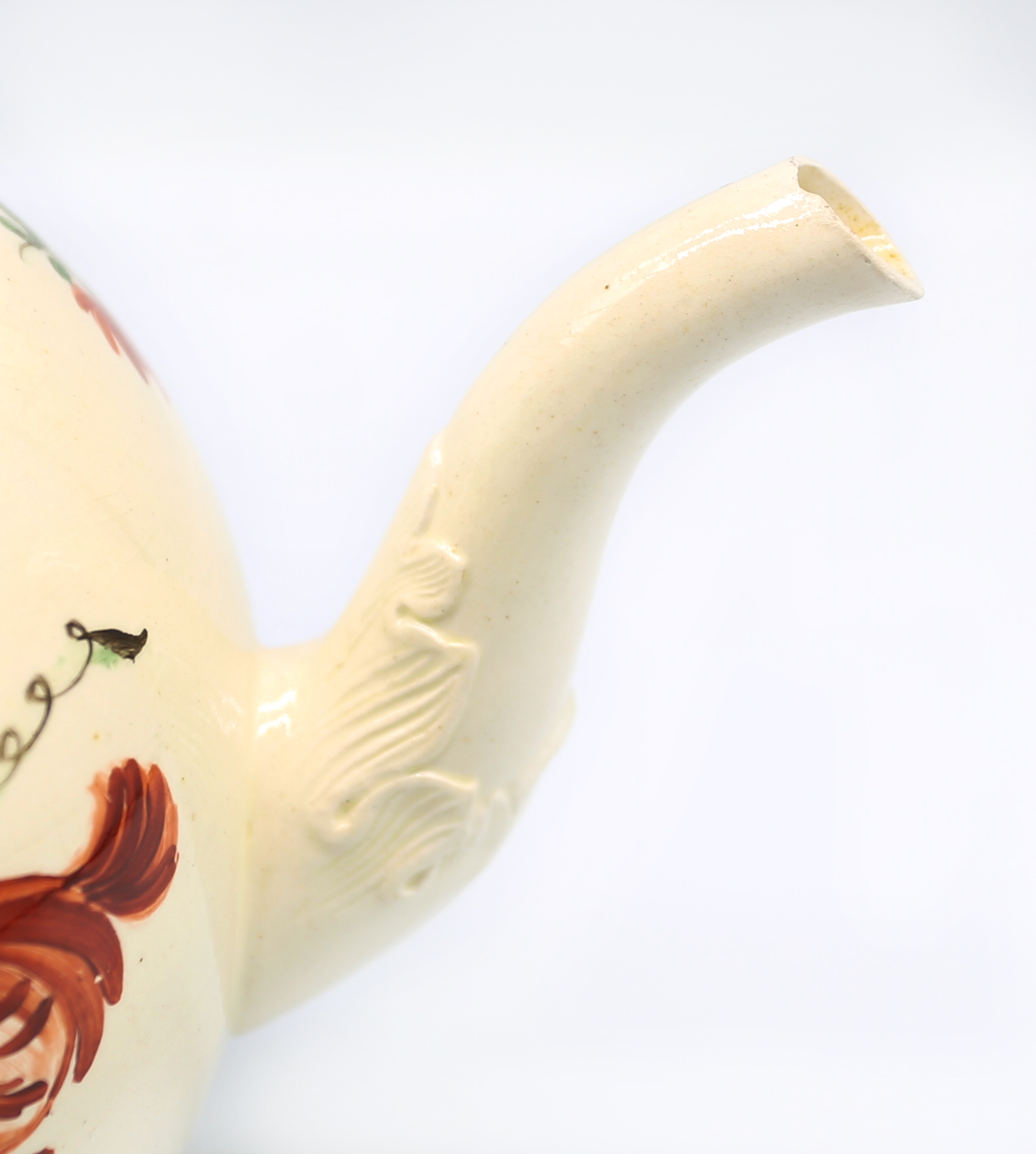 A Staffordshire William Greatbatch /Leeds creamware globular teapot and cover, painted with - Image 6 of 12