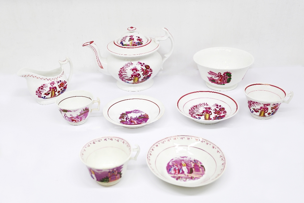 A small collection of 19th century pink lustre tea cups and saucers, teapot, milk jug and slop bowl.