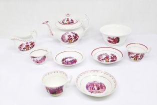 A small collection of 19th century pink lustre tea cups and saucers, teapot, milk jug and slop bowl.