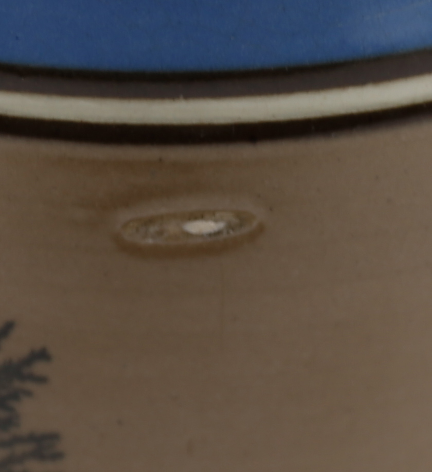 A Mocha ware mug. Quart size, mushroom ground with black feathered trees and blue and black bands - Image 6 of 8