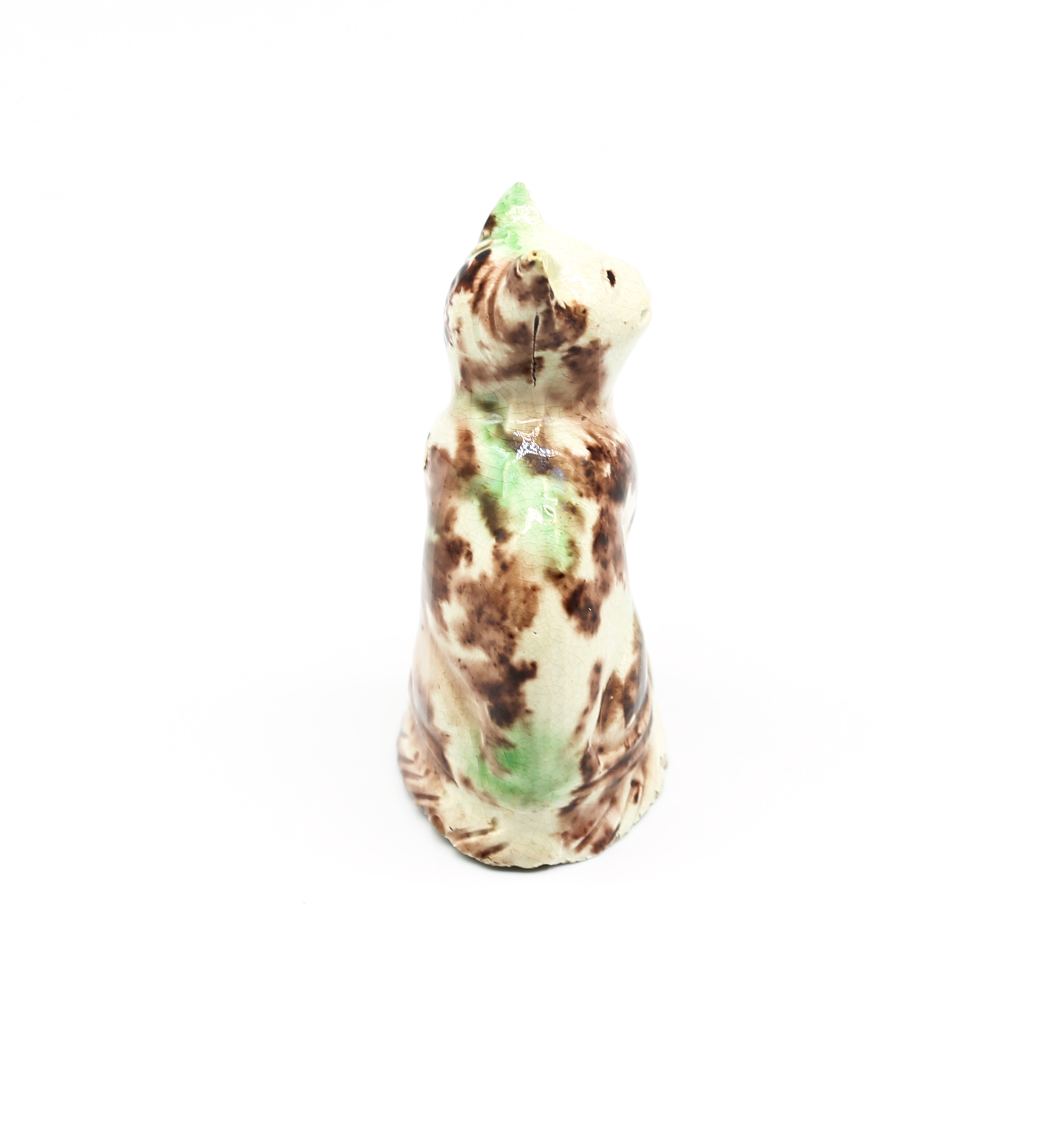 A small Staffordshire Whieldon creamware seated cat, sponge decorated in shades of green and brown - Image 4 of 7