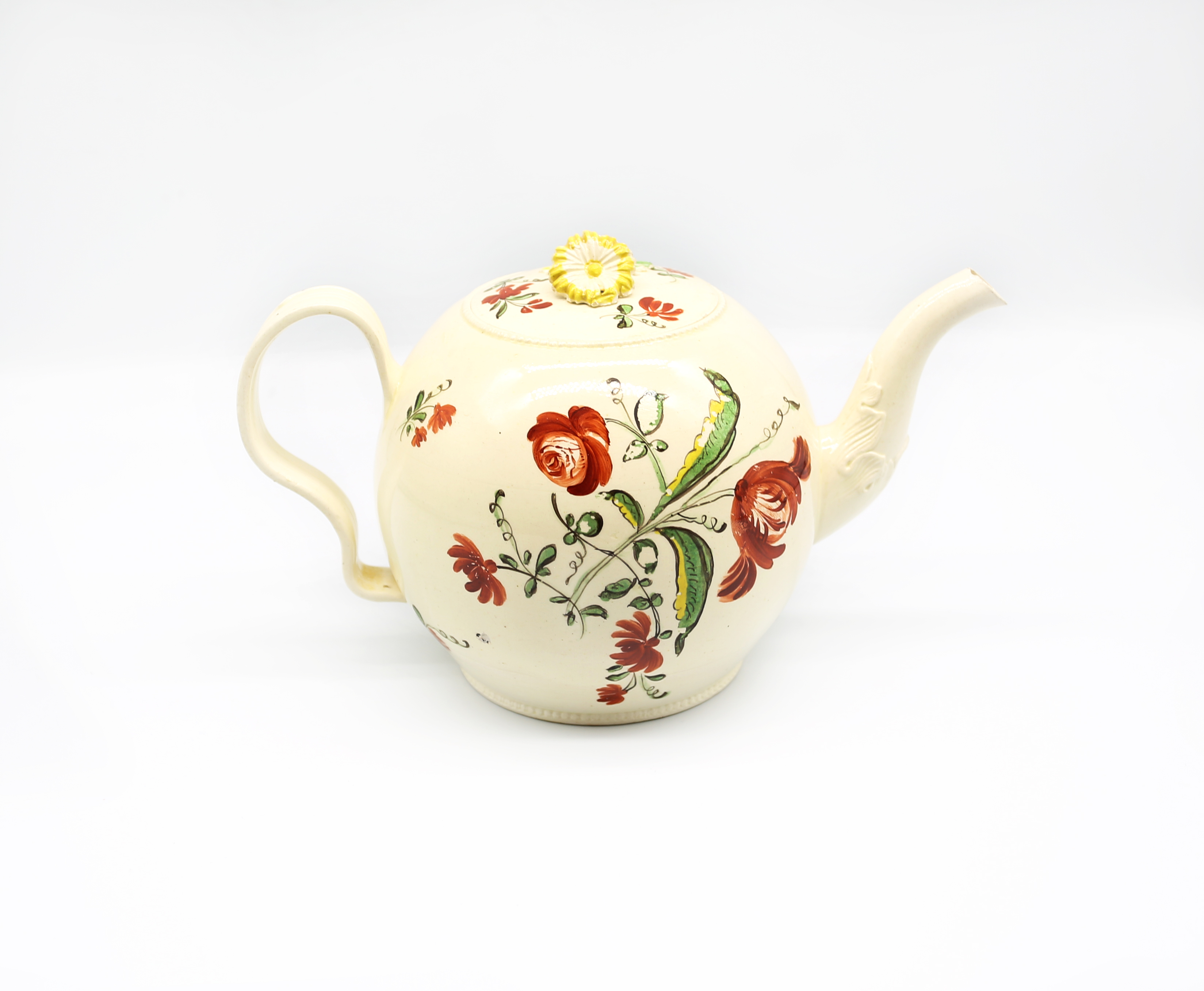 A Staffordshire William Greatbatch /Leeds creamware globular teapot and cover, painted with - Image 3 of 12