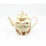 A Staffordshire Creamware William Greatbatch cylindrical teapot and cover, with an ear shaped handle