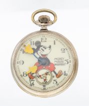 Ingersoll a  'Mickey Mouse' automation chrome cased pocket watch, circa 1940's, case approx 50mm