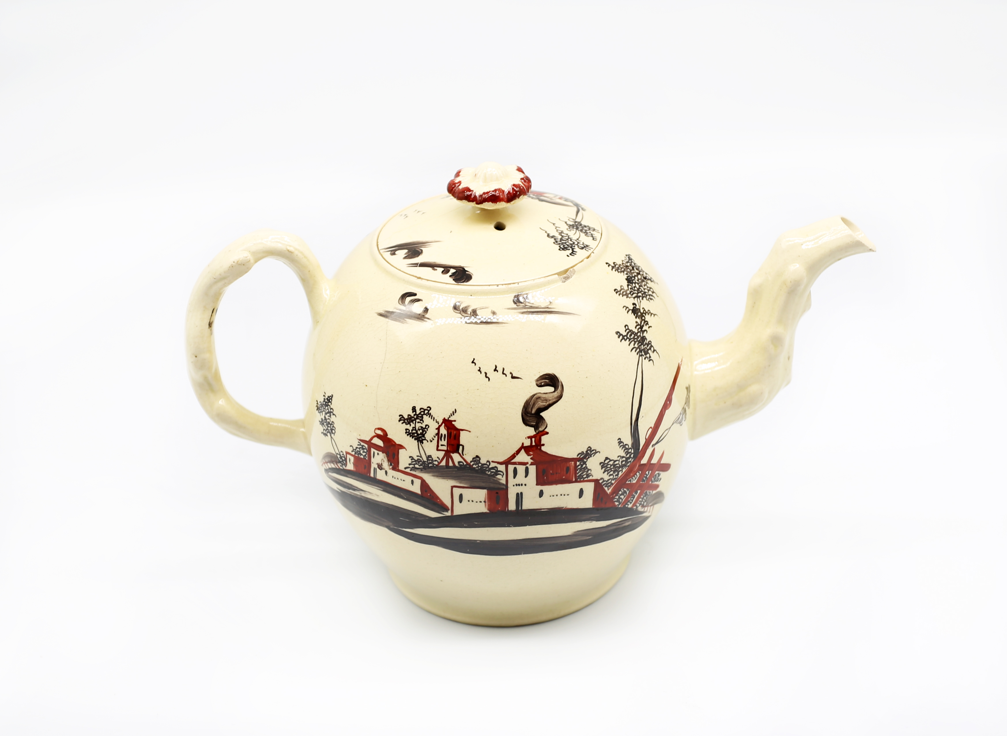 A Leeds creamware globular Teapot and cover, painted with a lady within a landscape, with a crab - Image 3 of 14