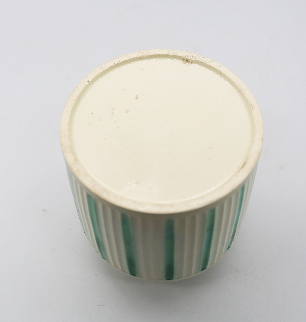 A Leeds creamware tea caddy and cover, with a ribbed body decorated  with green stripes  Circa 1775. - Image 3 of 6