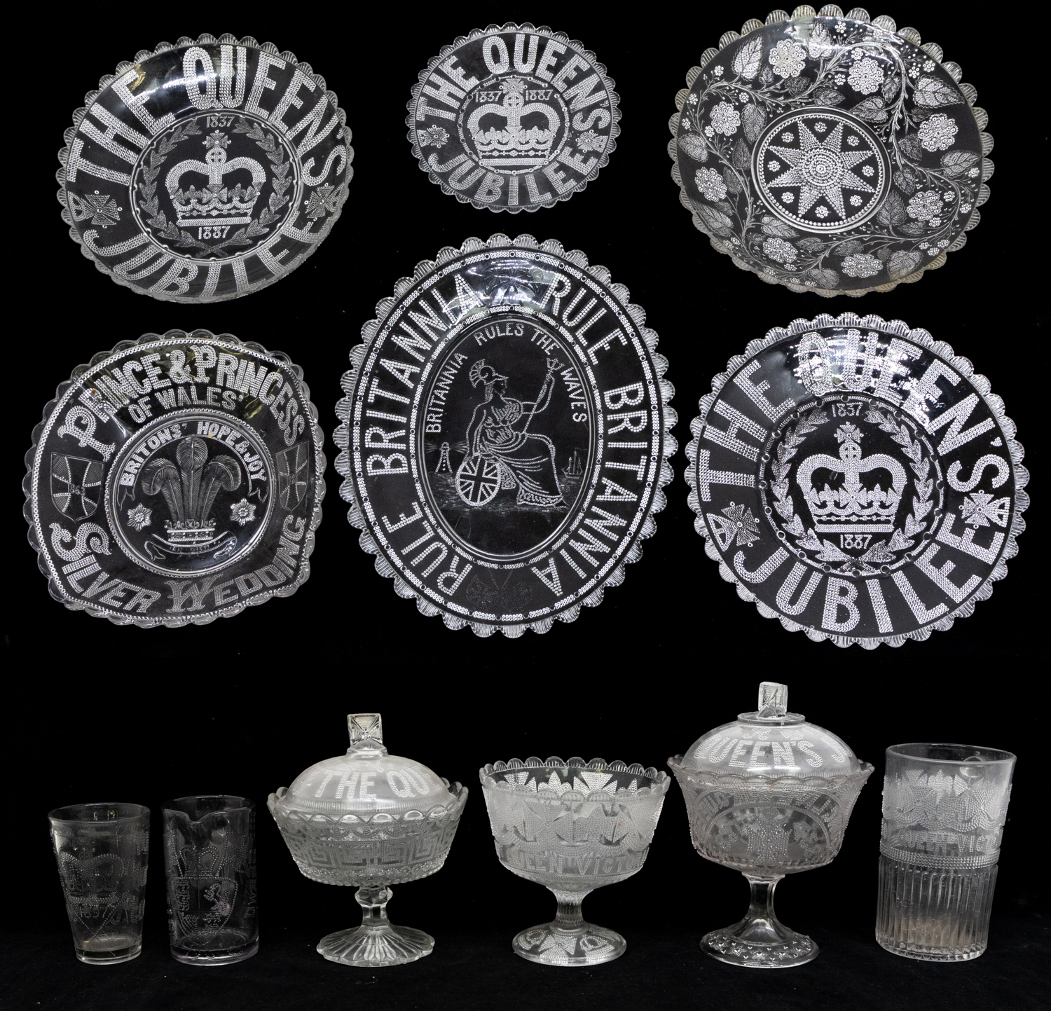 A collection of late 19th Century moulded glass Royal commemorative bowls, pots, tankards, dishes