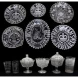 A collection of late 19th Century moulded glass Royal commemorative bowls, pots, tankards, dishes
