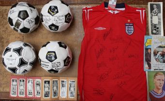 Football: A collection of four footballs, one signed by various Derby County players, together