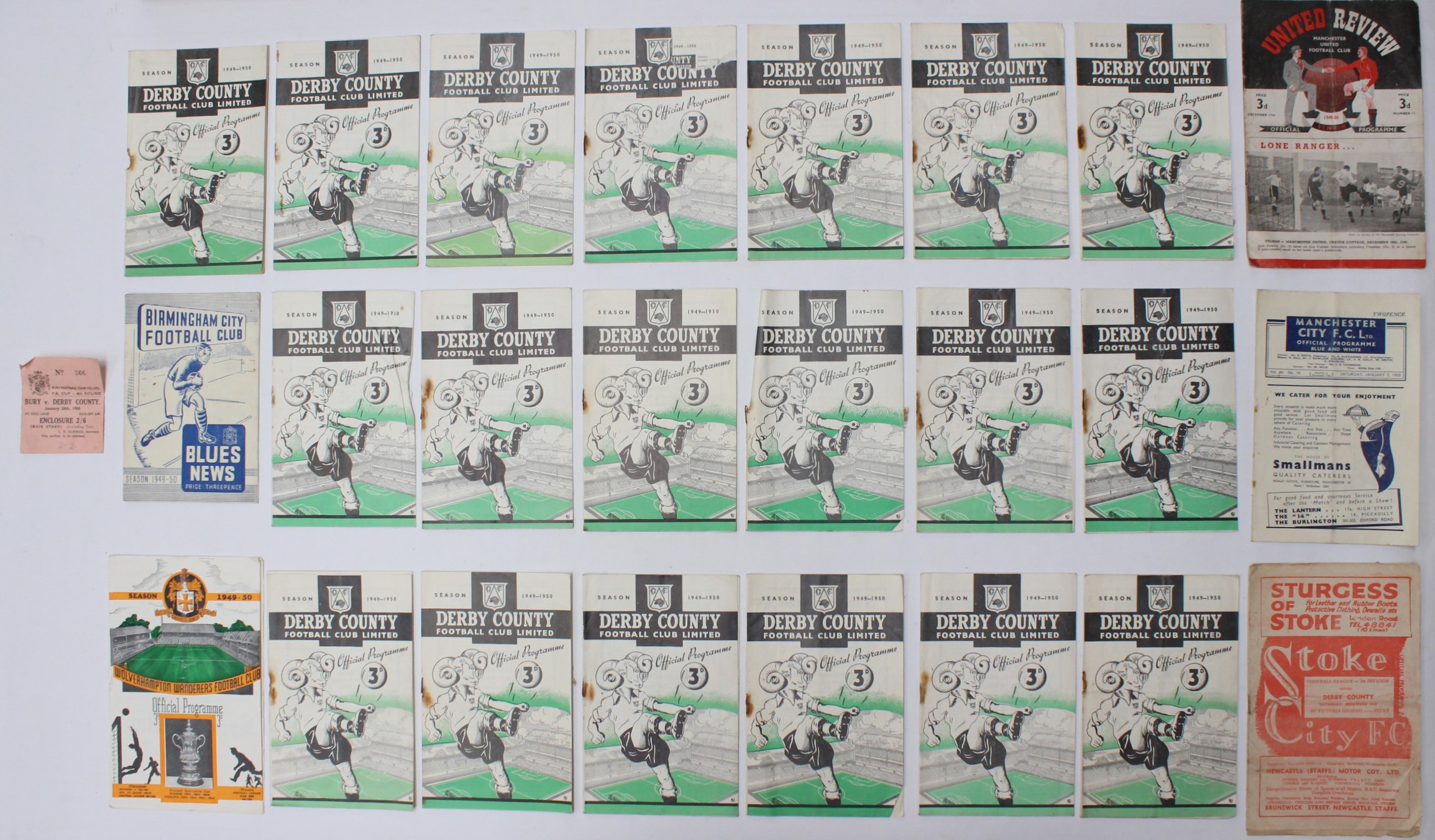 Derby County: A collection of twenty-four 1949-1950 Derby County home and away programmes;