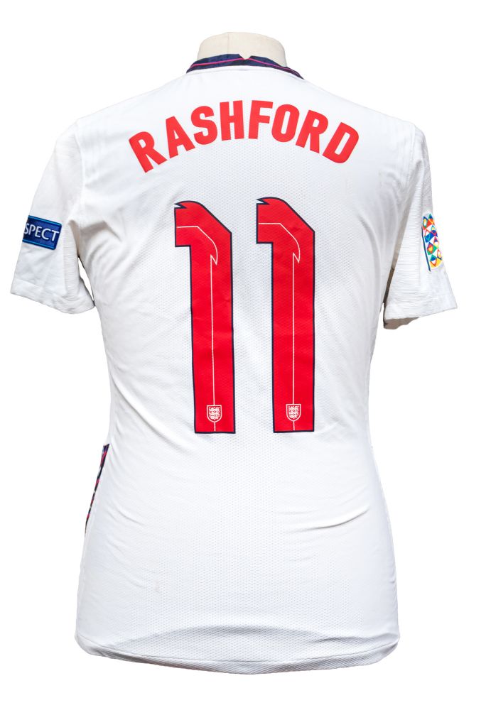 England: An England, match-worn, Marcus Rashford, short-sleeved home football shirt, worn in the - Image 3 of 5