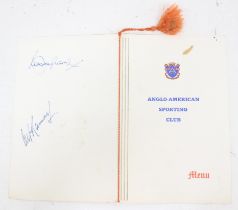 Football: A signed Anglo-American Sporting Club Menu, 17th October 1966, signed by both Bobby Moor