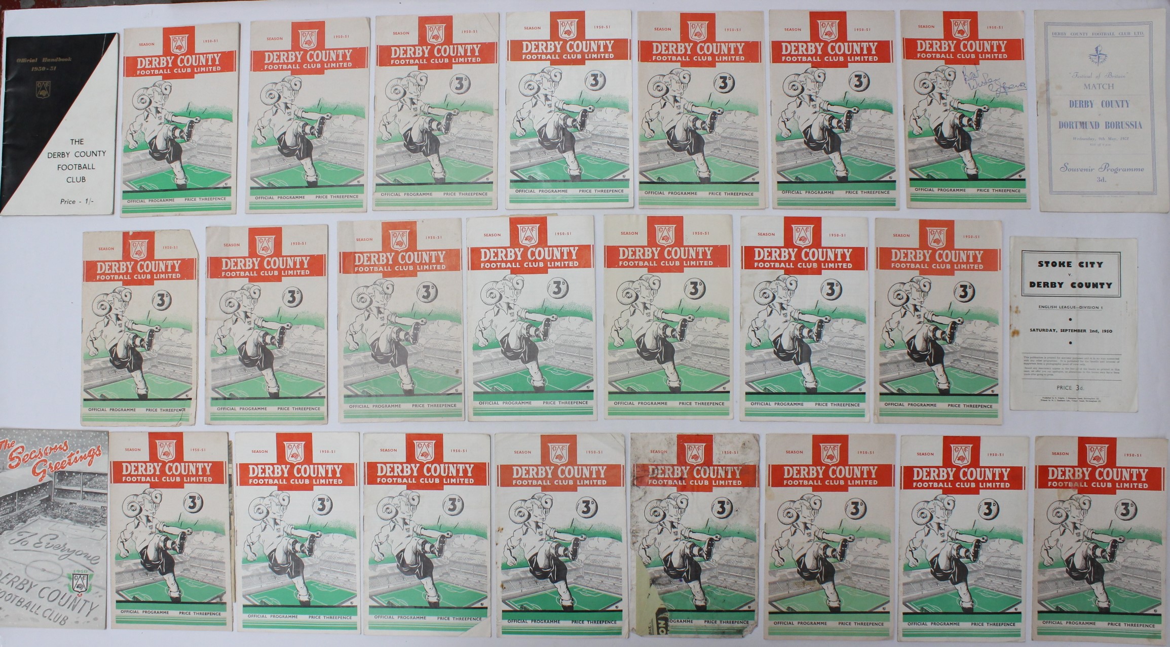 Derby County: A collection of twenty-five 1950-1951 Derby County home and away programmes;