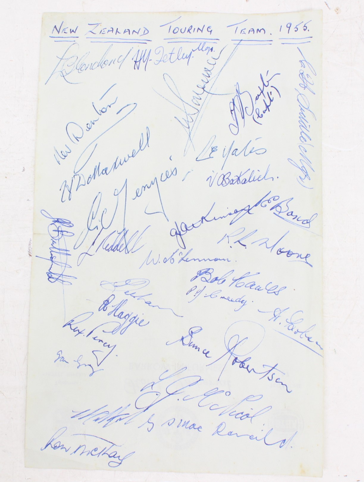 Rugby: A signed sheet of the New Zealand Rugby Touring Team 1955, containing twenty-eight signatures