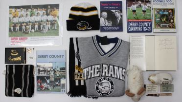 Derby County: A collection of assorted Derby County memorabilia to include: vintage scarf, three pin