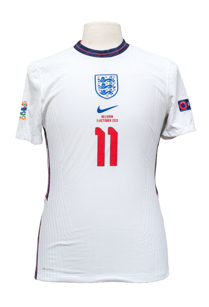 England: An England, match-worn, Marcus Rashford, short-sleeved home football shirt, worn in the