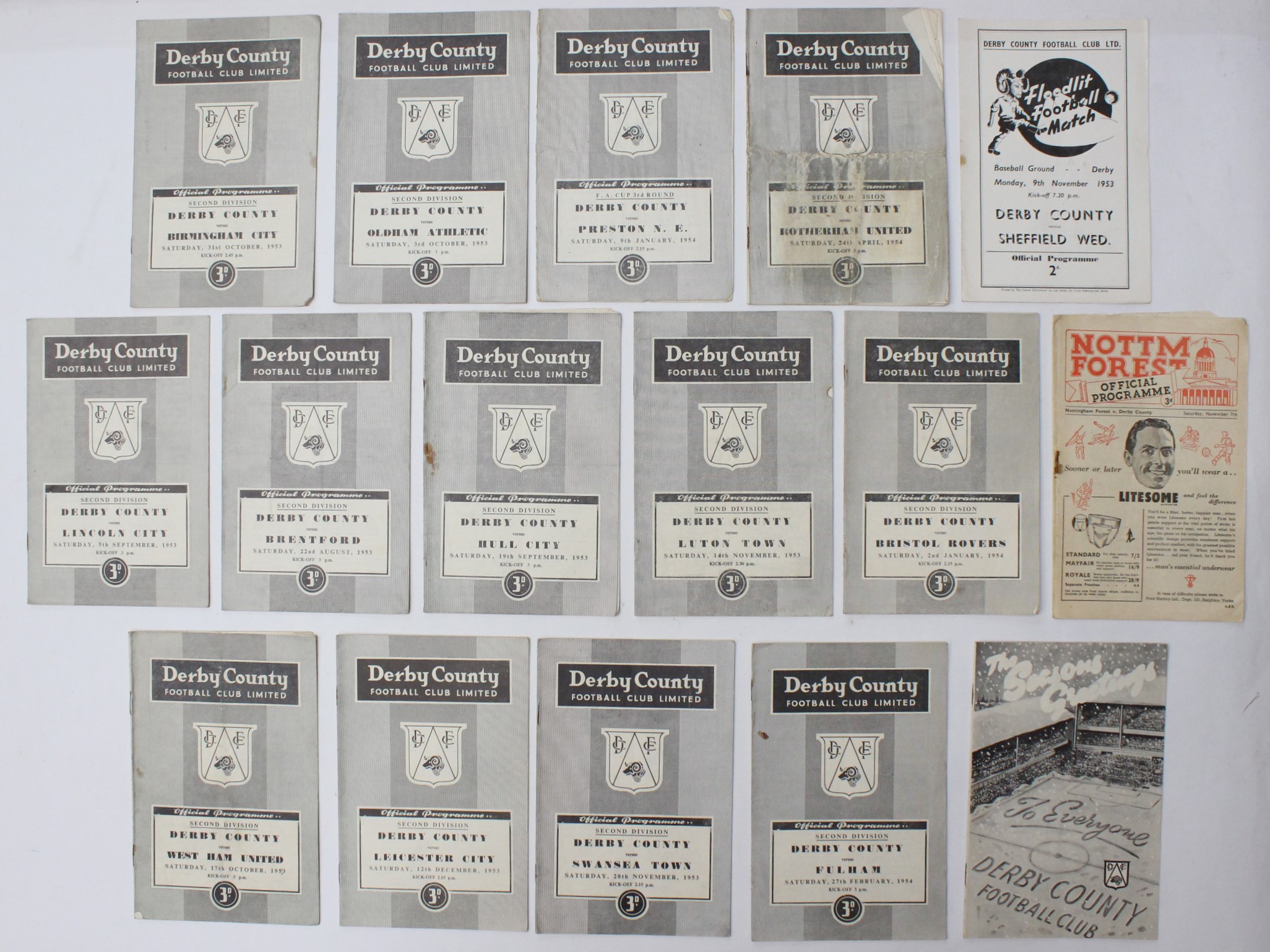 Derby County: A collection of sixteen 1953-1954 Derby County home and away programmes. Condition