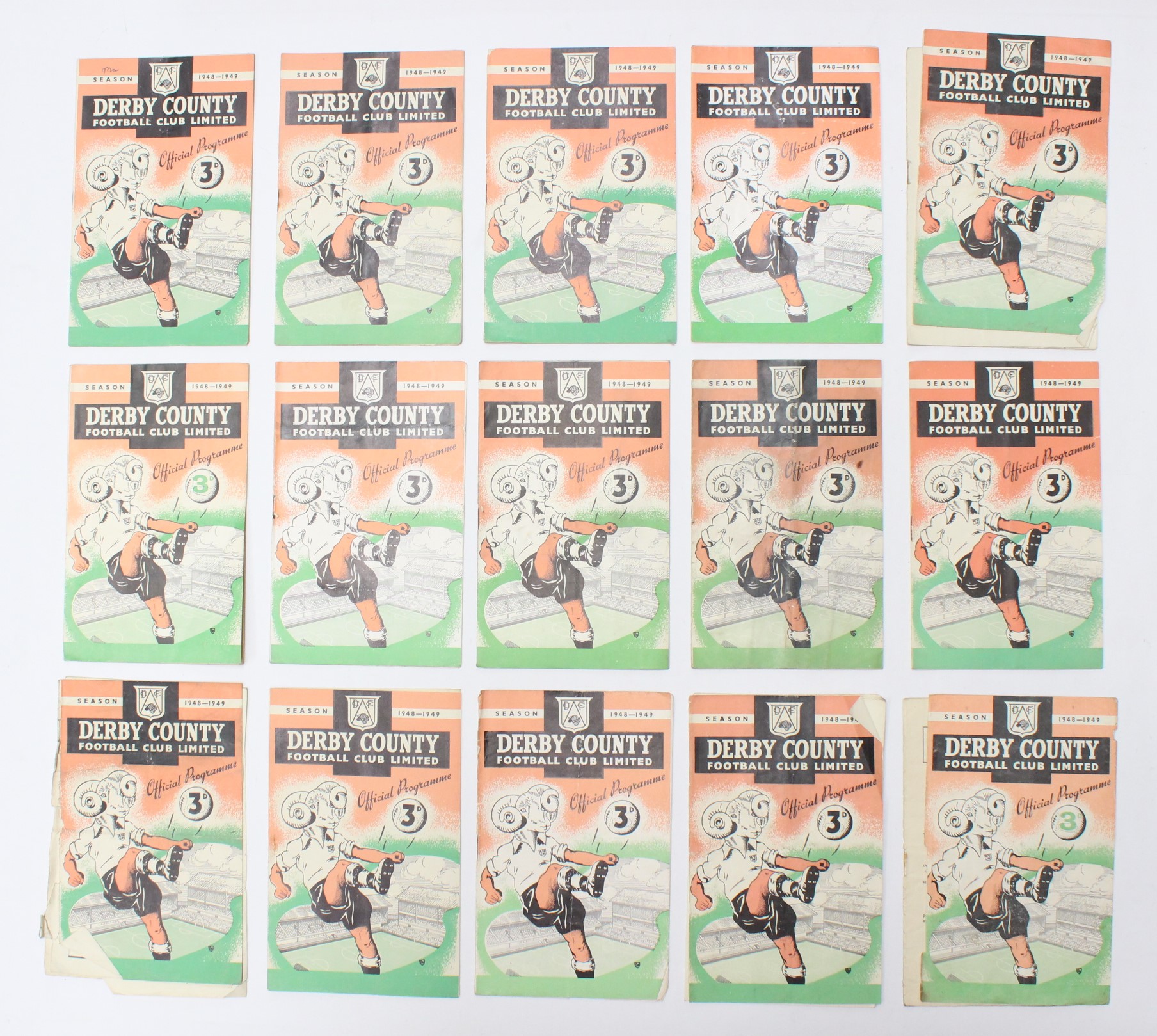 Derby County: A collection of fifteen 1948-1949 Derby County home programmes. Condition is mixed,