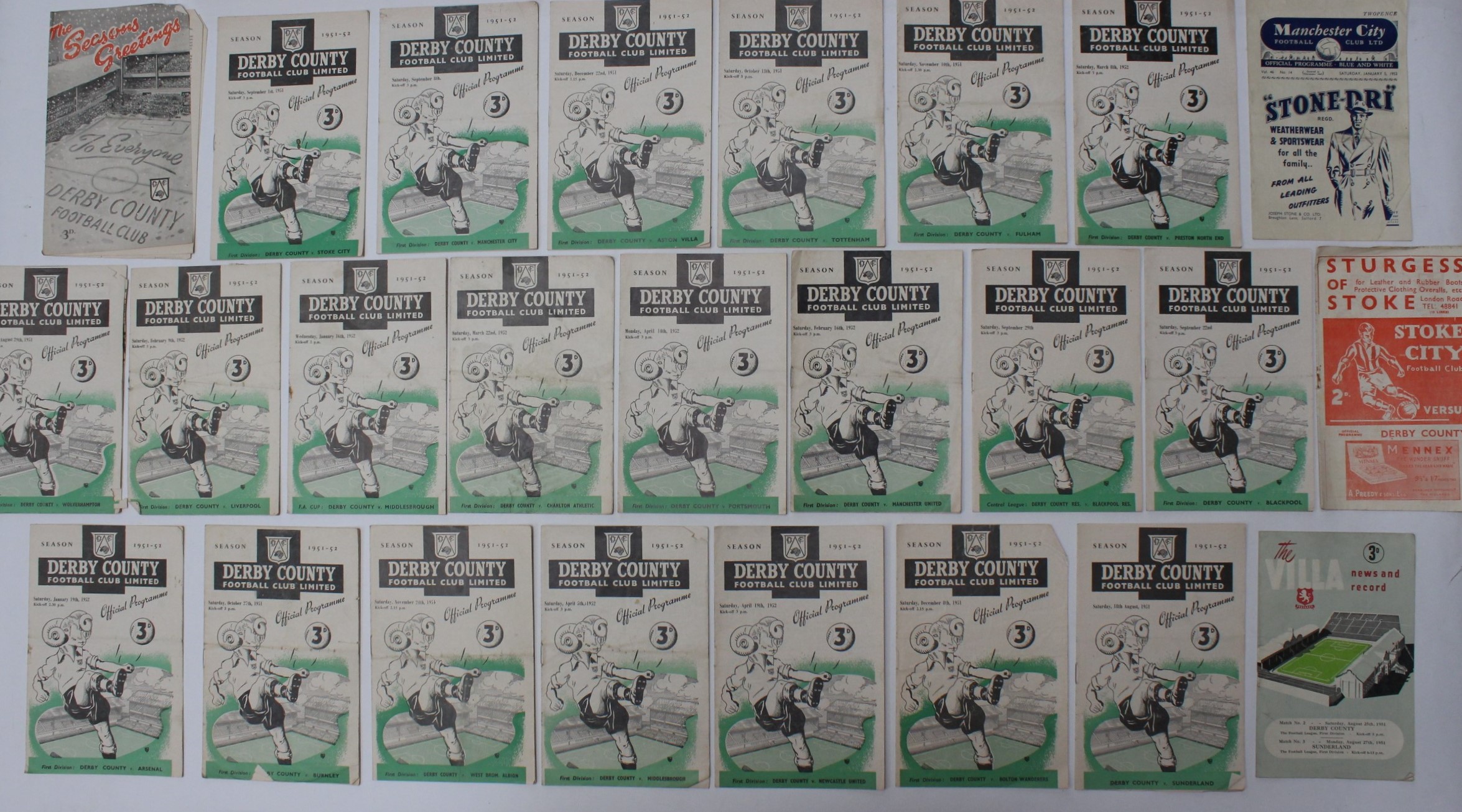 Derby County: A collection of twenty-five 1951-1952 Derby County home and away programmes. Condition