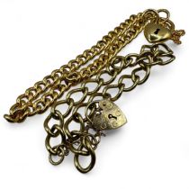 Two charm bracelets: one a 9ct hallmarked chain with a heart padlock; together with a 375 stamped