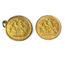 Two Edward VII half British gold Sovereigns. One, 1902, is in a 9ct gold clip mount (gross weight