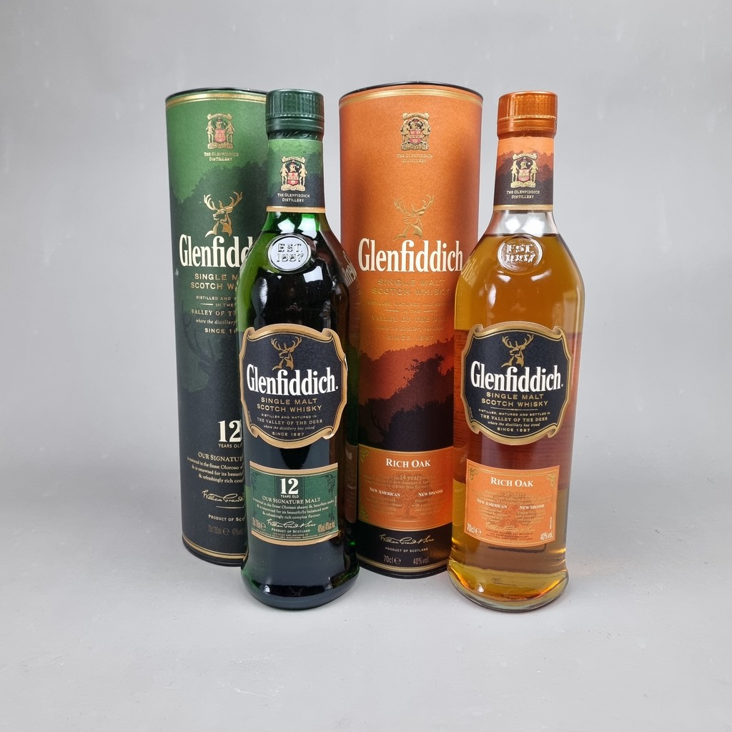 2 Bottles Glenfiddich Single Malt to include: Glenfiddich 14 Year Old Rich Oak Glenfiddich 12 Year