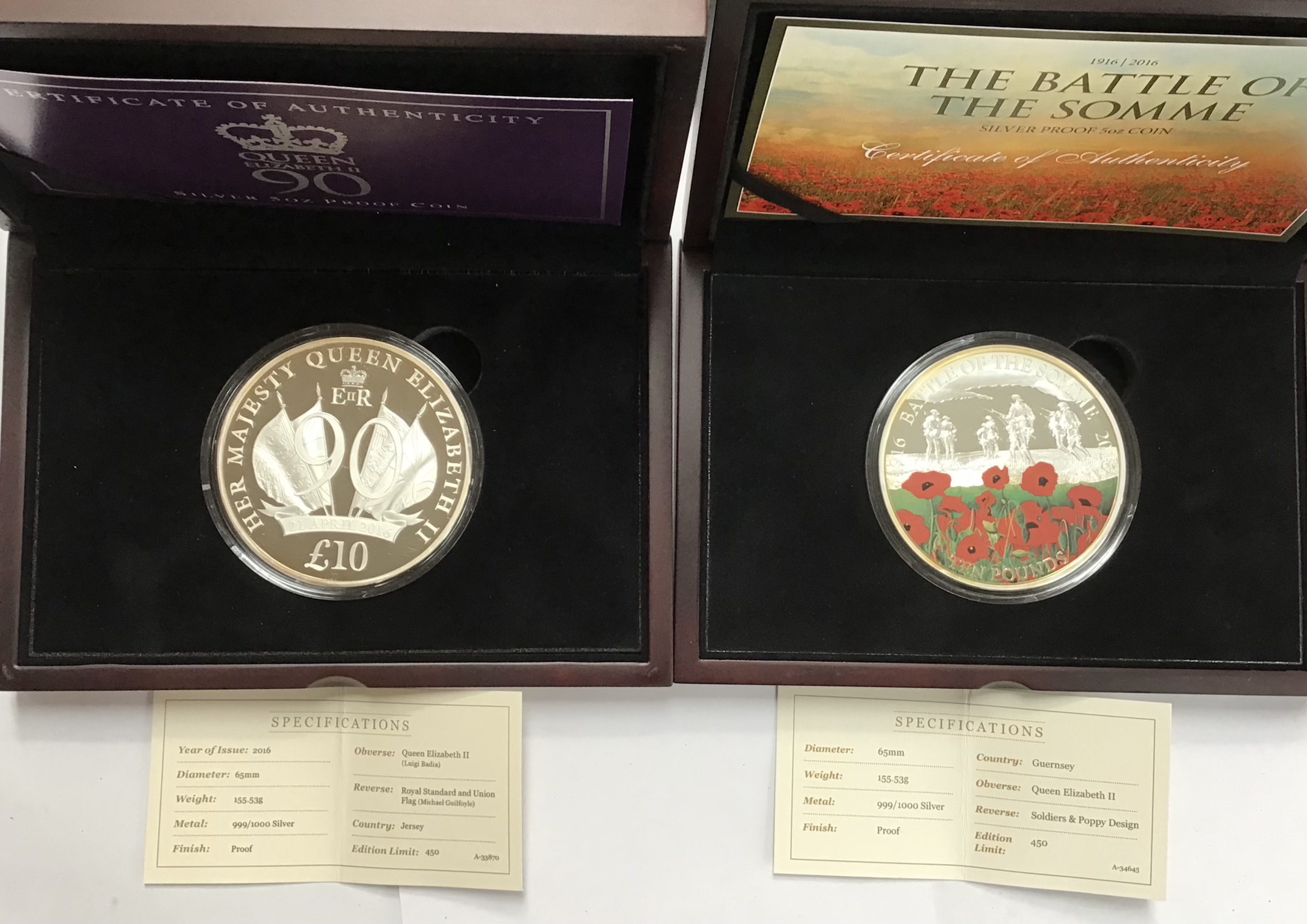 Two Fine Silver 5oz Coins from Jersey, Commemorating the 90th Birthday of Queen Elizabeth II &