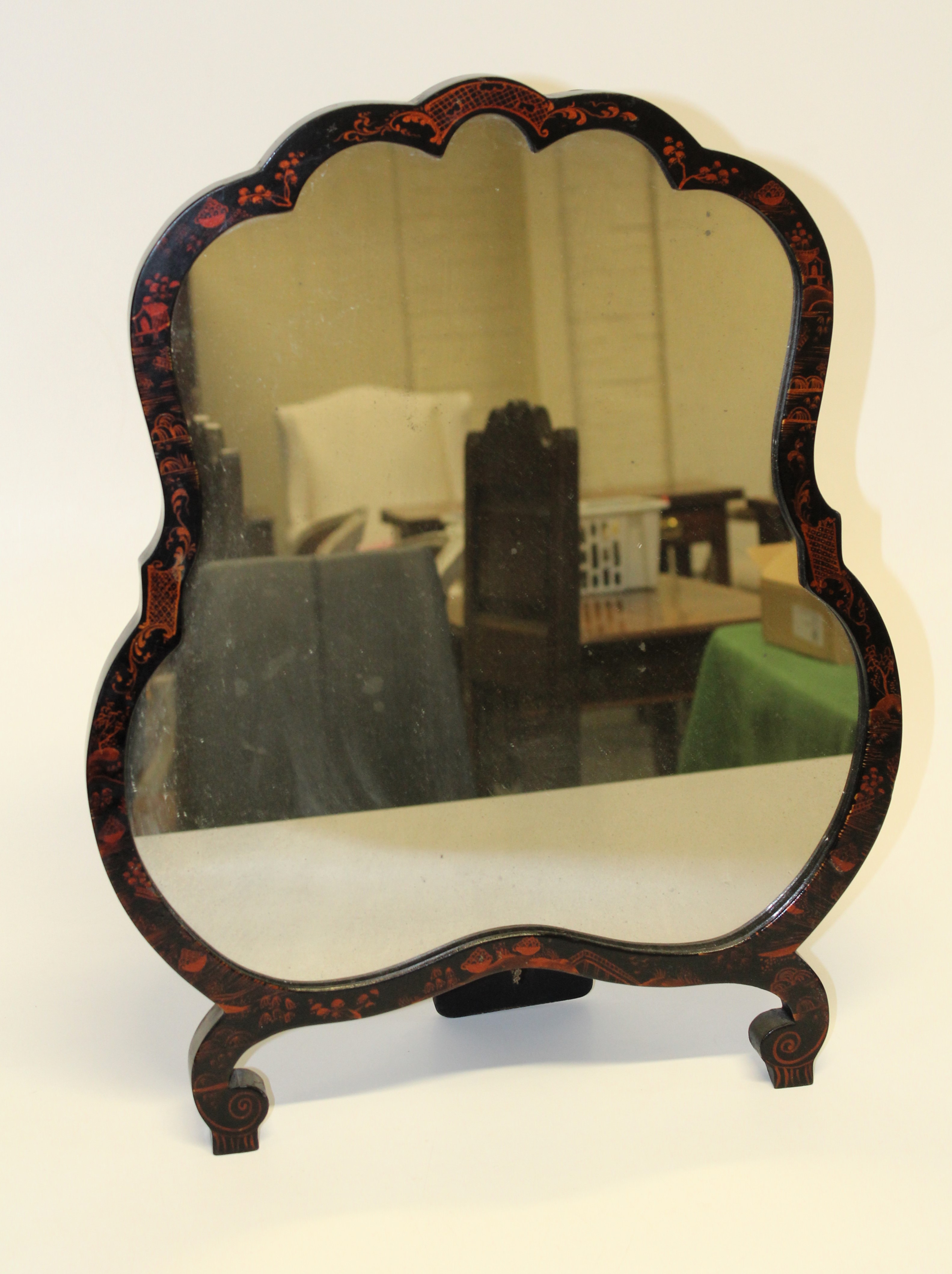 A mid 20th century Chinoiserie framed easel toilet mirror, 55 x 43cm