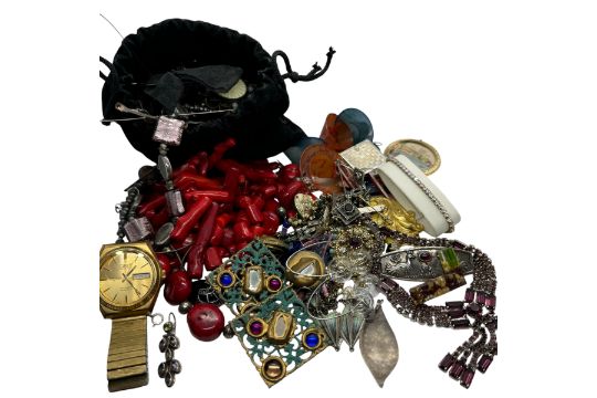 A collection of silver, art and costume jewellery. To include a quantity of dyed coral jewellery, an - Image 1 of 4