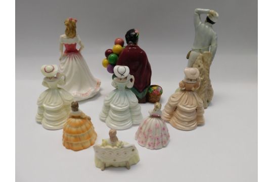 A group of 9 china figures to include Royal Doulton Old Balloon Seller HN 3737 with certificate, - Image 6 of 7