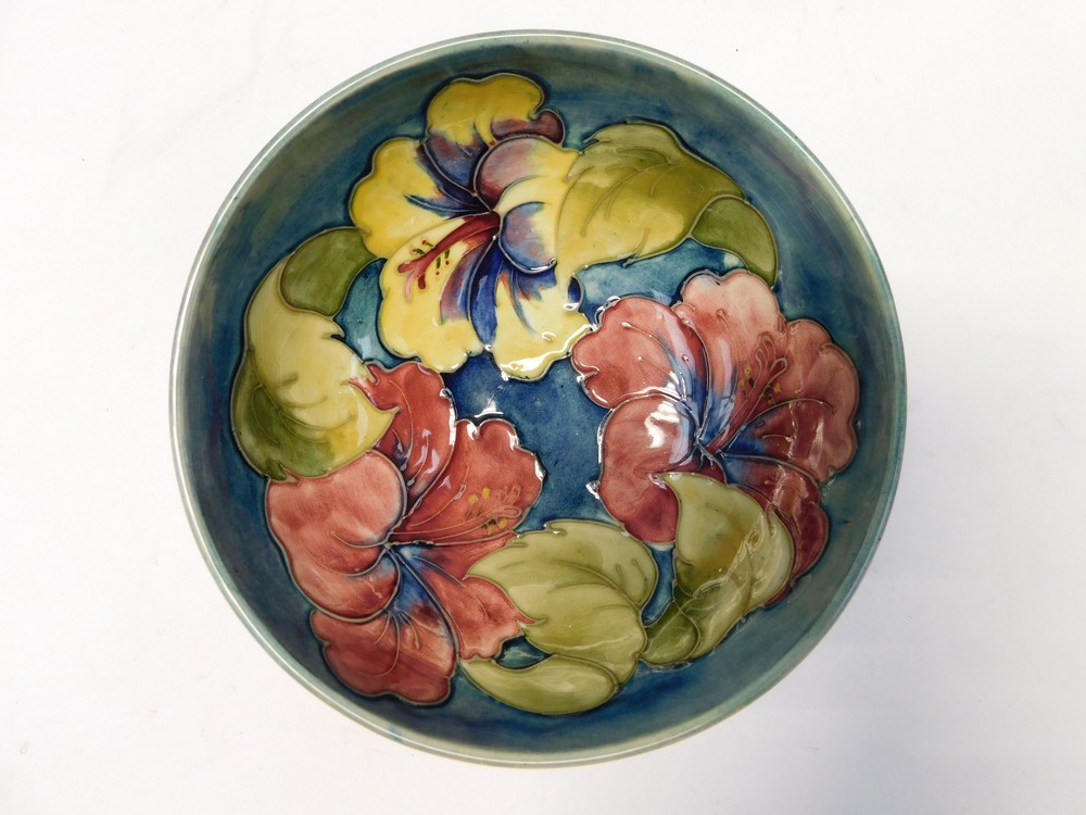 A Walter Moorcroft bowl in the Hibiscus design on graduated blue ground (woodsmoke) c1973, factory - Image 2 of 6