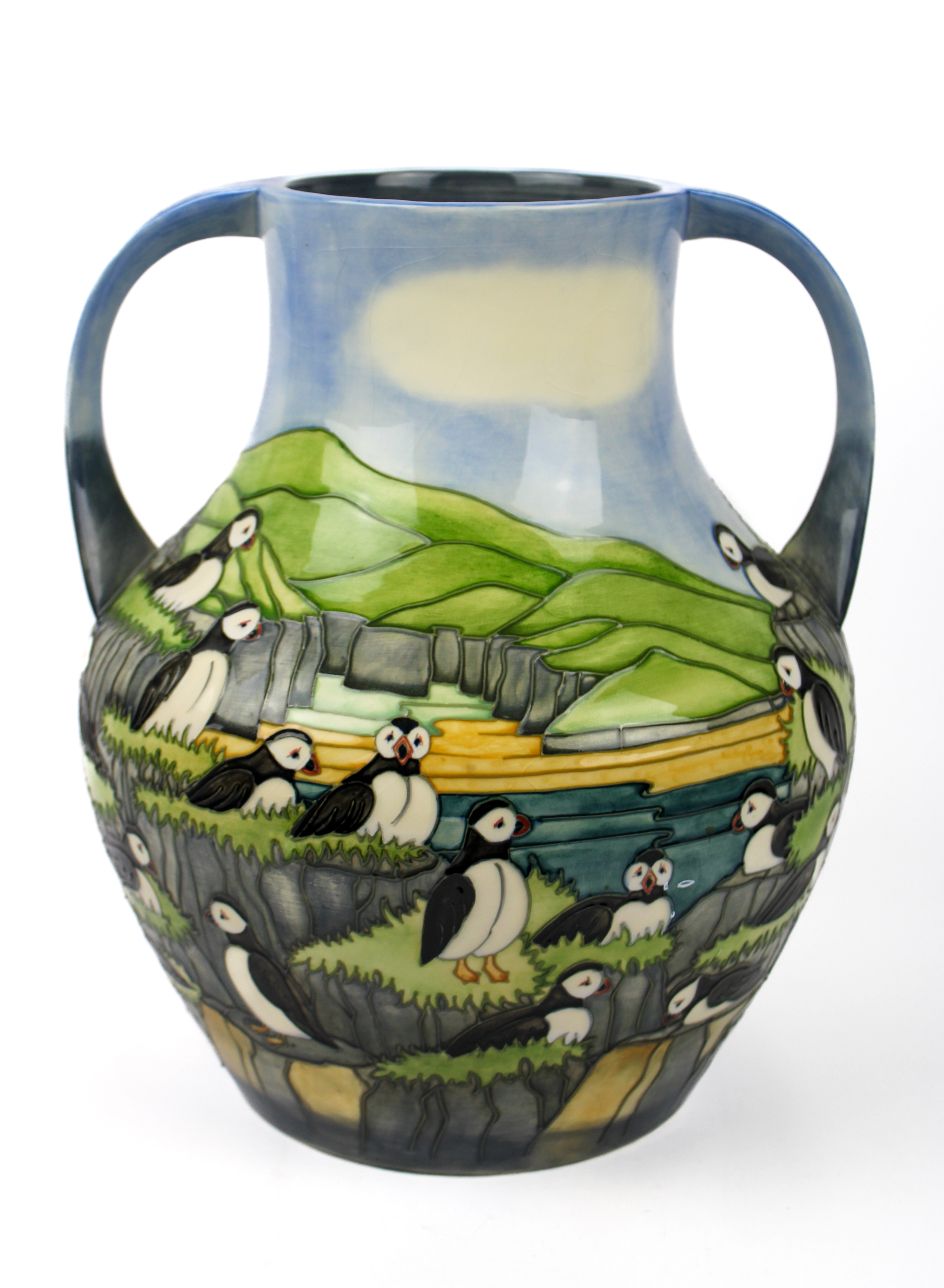 Moorcroft - A Large Puffin Two Handled Vase, Designed by Carole Lovett