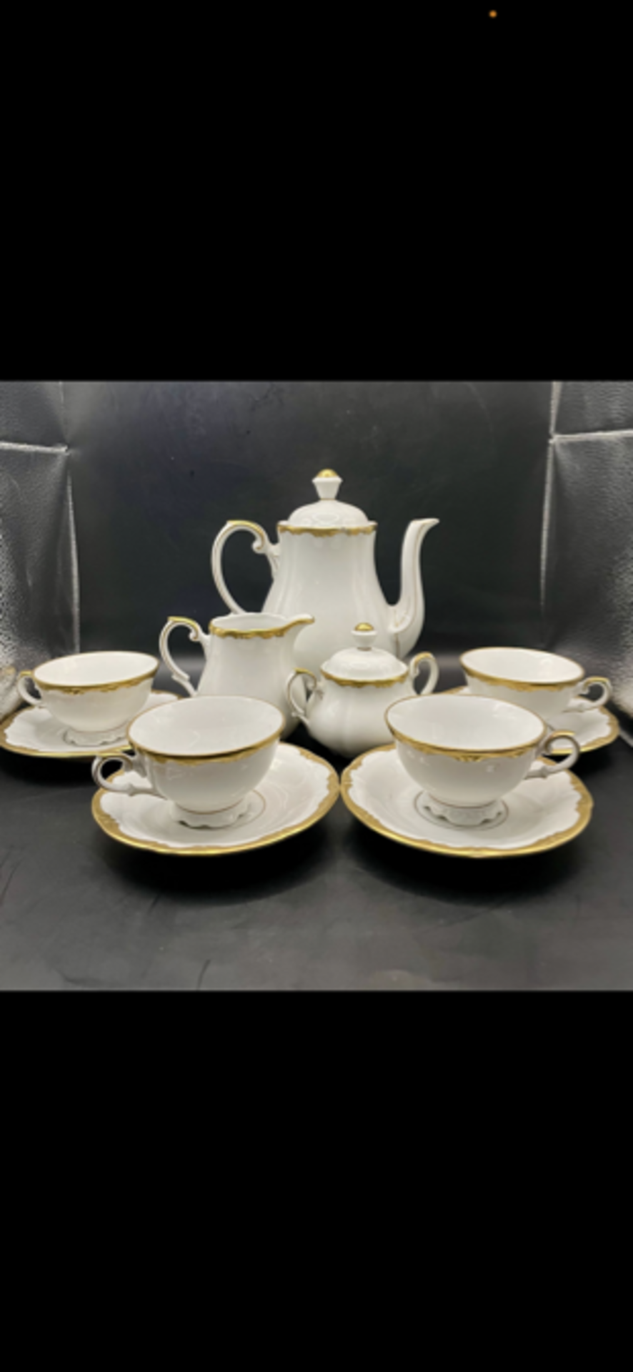 Tripitus 1800s German gold gilt and porcelain Complete Tea Set. One small chip on lid for the sugar 