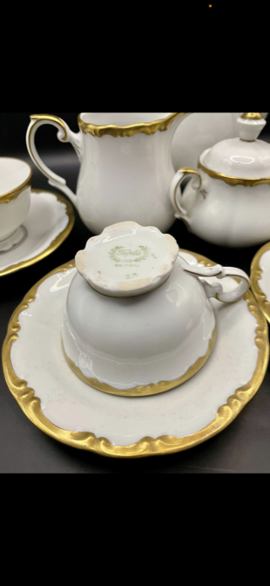 Tripitus 1800s German gold gilt and porcelain Complete Tea Set. One small chip on lid for the sugar  - Image 4 of 7