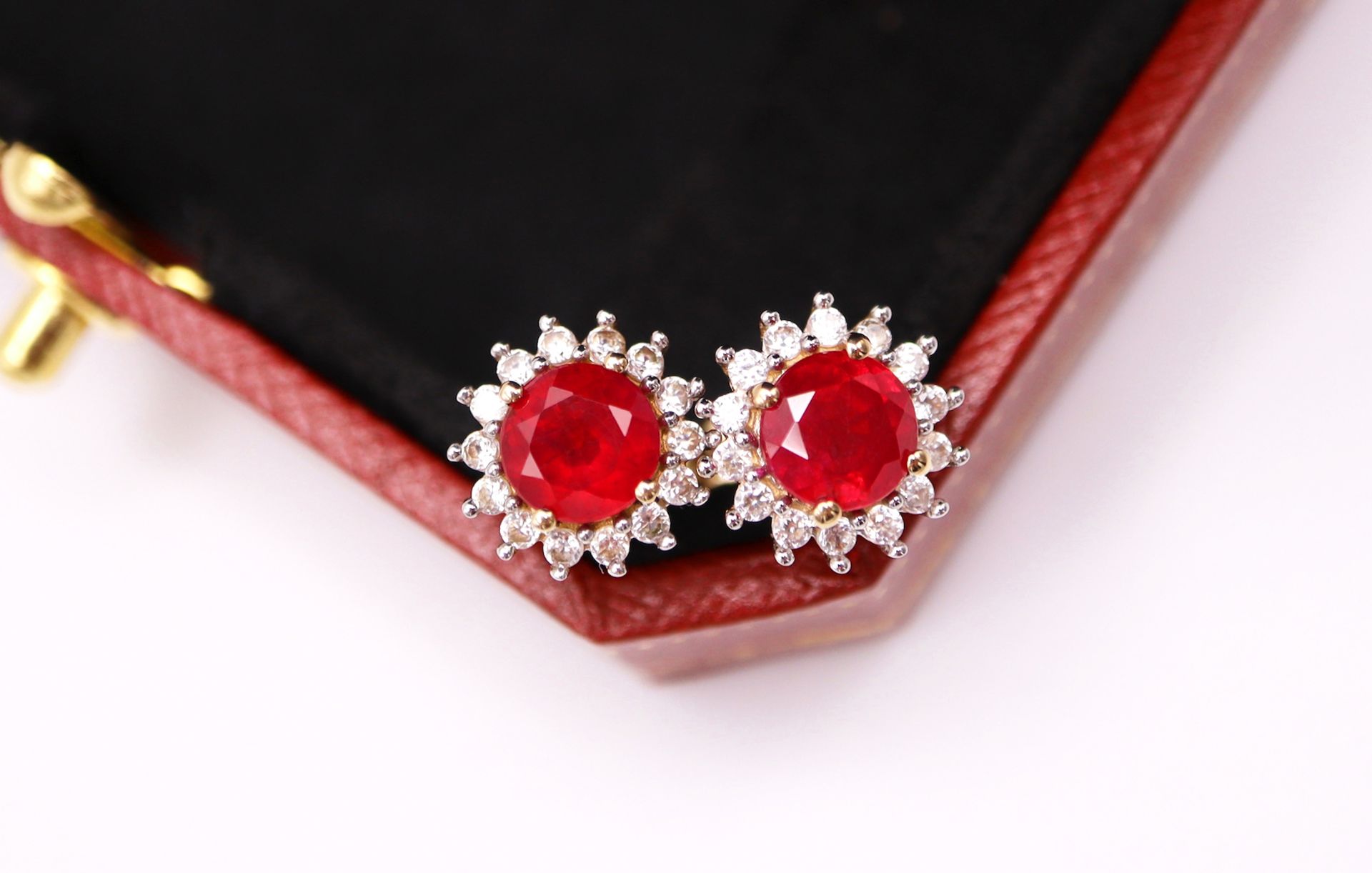 2.52CT RUBY & DIAMOND HALO - SET EAR STUDS IN WHITE & YELLOW GOLD (ROUND BRILLIANT CUTS) WITH BOX