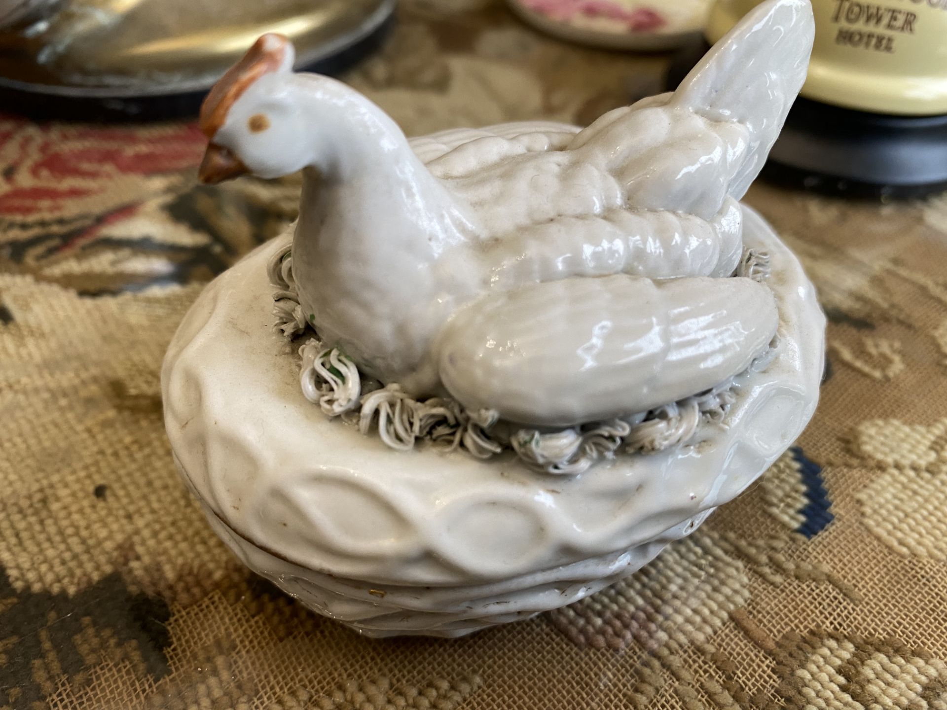 RARE ANTIQUE HEN ON NEST LID AND BOTTOM DISH 