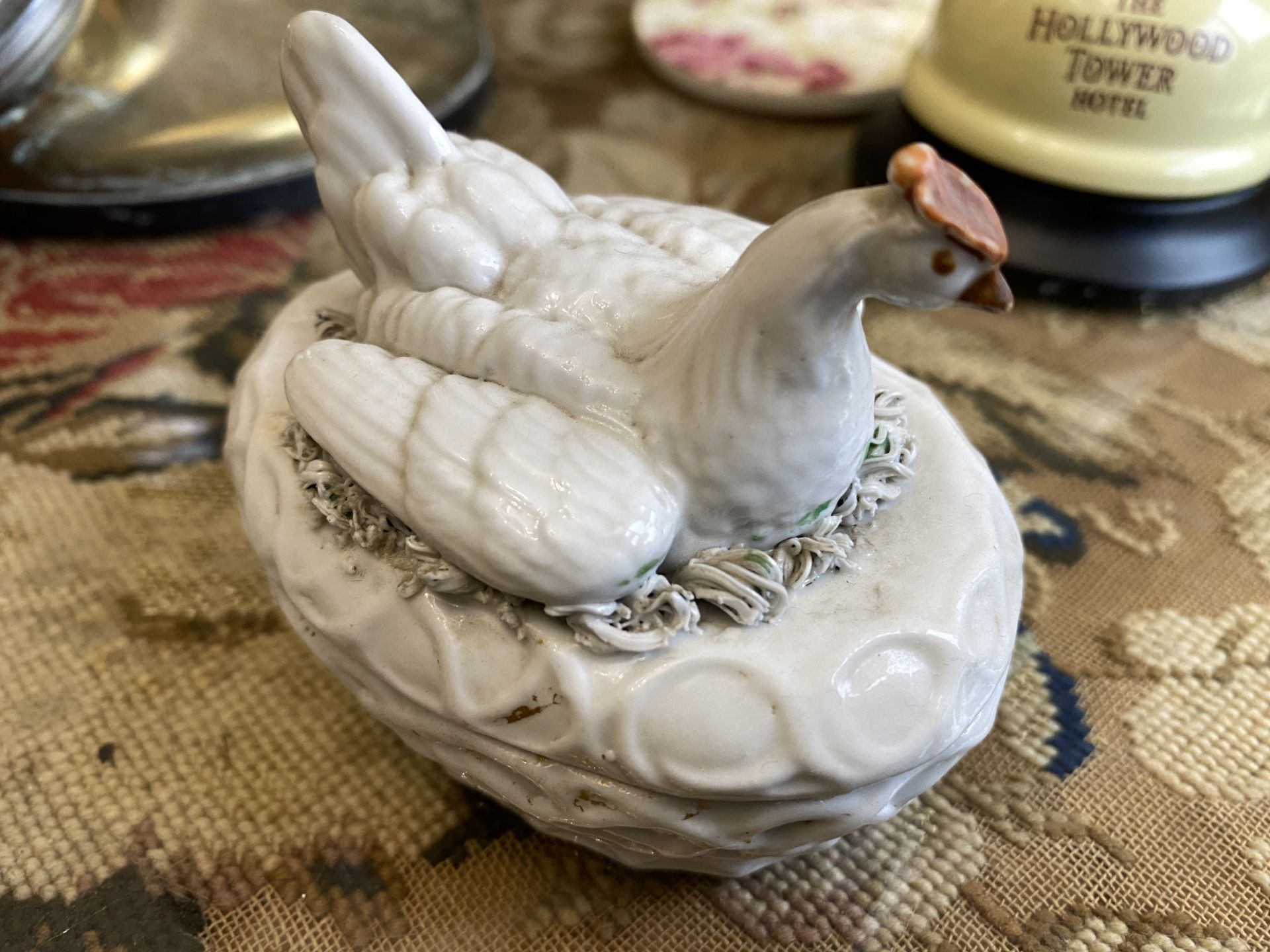 RARE ANTIQUE HEN ON NEST LID AND BOTTOM DISH  - Image 5 of 13