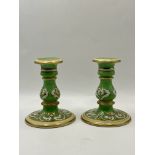 Two lovely Green & Gilt Victorian 1850s Porcelain with pearl glazed finish Candlesticks great condit