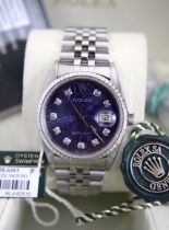 ROLEX DATEJUST STEEL REF. 16220 - BLUE ROLEX MONOGRAM DIAMOND *FULL SET - BOX & CARD ETC*