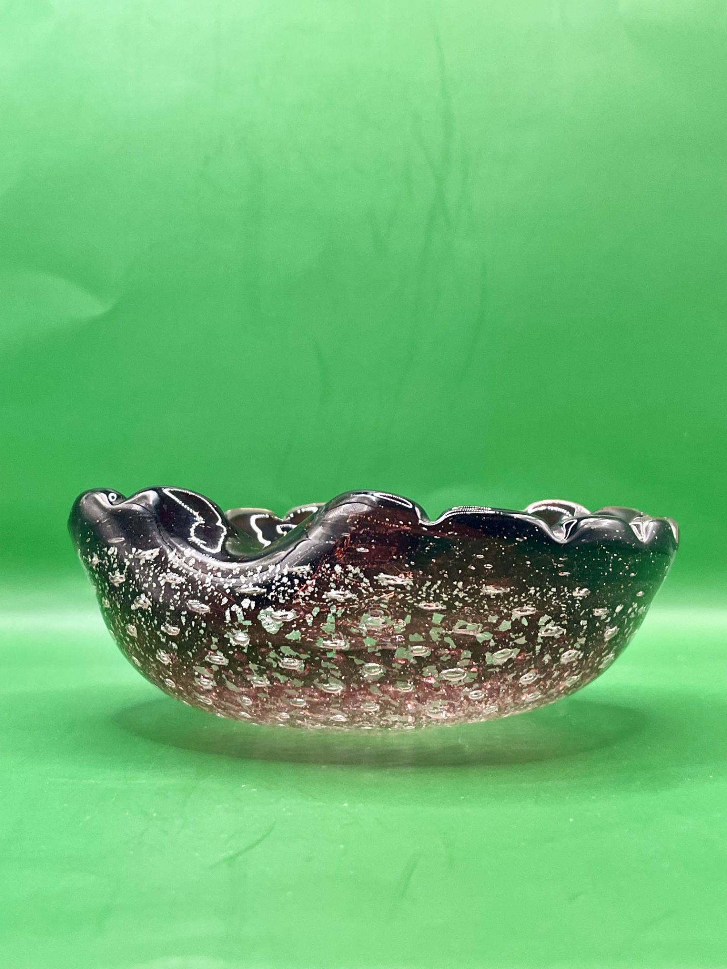 A 1960s Murano glass oyster dish/ashtray with controlled blown bubbles and silver flake inside a sor - Image 2 of 8